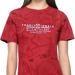 shaun Women Self Design Round Neck Polyester Red T-Shirt image 2