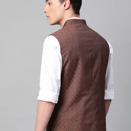 Blackberrys Men Brown & Blue Woven Design Slim Fit Nehru Jacket image 4