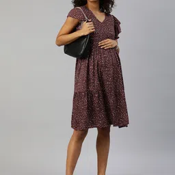 MomToBe Women Maternity Floral Print Flared Sleeves V Neck Sustainable Dress image 5