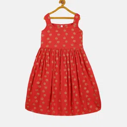 KiddoPanti Girls Floral Printed Square Neck Sleeveless Frock-image-15