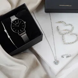 JOKER & WITCH Women Heart Love Stack Watch & Silver Plated Jewellery Gift Set JWLS495 image 1
