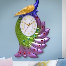 Attractionz Purple & White Peacock Oval Shaped Contemporary Analogue Wall Clock-picture-7