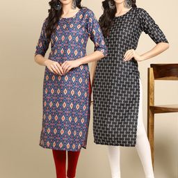 7threads KALINI PACK OF 2 Women Ethnic Motifs Printed Block Print Handloom Crepe Kurta-picture-4
