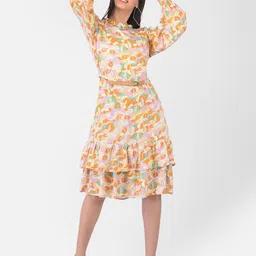 Crimsoune Club Women Pink & Orange Floral Midi Dress-image-97
