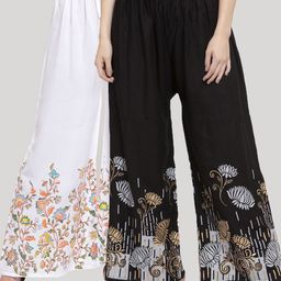 Clora Creation Women Pack Of 2 Black & White Floral Hem Design Knitted Palazzos-picture-43