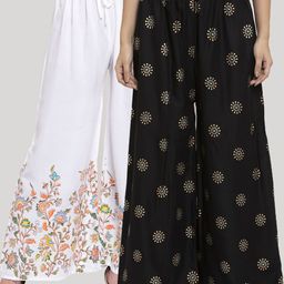 Clora Creation Women White & Black Pack Of 2 Floral Printed Knitted Palazzos-picture-0