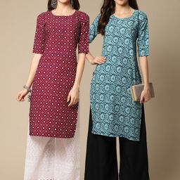 7threads KALINI Women Pack Of 2 Geometric Printed Block Print Handloom Crepe Kurta-picture-19