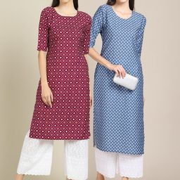 7threads KALINI Women's Crepe Maroon & Blue Color Printed Straight Handloom Kurta (PACK OF 2)-picture-35