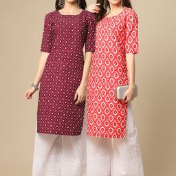 7threads KALINI Women's Crepe Red & Maroon Color Ethnic Motif Printed Straight Kurta (PACK OF 2)-picture-34