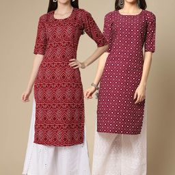 7threads KALINI Women Pack Of 2 Maroon & Burgundy Ethnic Motifs Printed Crepe Straight Kurta-picture-21