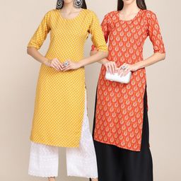 7threads KALINI Women Yellow & Orange Pack Of 2 Geometric Printed Crepe Kurta-picture-0