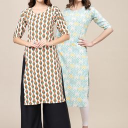 7threads KALINI Women Pack Of 2 Off White & Blue Printed Crepe Straight Kurta-picture-6
