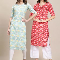 7threads KALINI Women Blue & Red Pack of 2Geometric Printed Block Print Crepe Kurta-picture-1