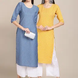 KALINI Women Pack Of 2 Blue & Yellow Ethnic Motifs Printed Crepe Kurta-image-62