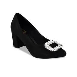 Shoetopia Girls Embellished Pointed Toe Suede Party Block Pumps image 5