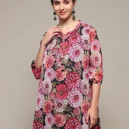 Biba Black Floral Print Tie-Up NeckPuff Sleeves Longline Top-image-31