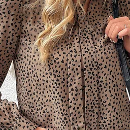 StyleCast Khaki Animal Print Tie-Up Neck Top image 2