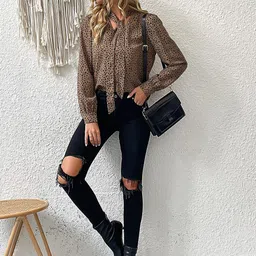 StyleCast Khaki Animal Print Tie-Up Neck Top image 5