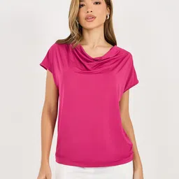 Styli Women Solid Regular Fit Regular Length Cowl Neck Top With Cap Sleeves image 4