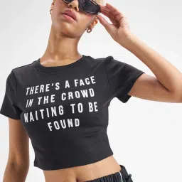 TOKYO TALKIES Women Black Typography Chest Printed Rib Crop T-Shirt-picture-13