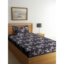 FABINALIV Black Floral 210 Tc Cotton Blend Bedsheet with Pillow Cover (Single) image 1
