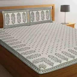 Off White Floral 144 TC Cotton 1 Double King Size Bedsheet with 2 Pillow Covers by J.K.Enterprises-picture-32