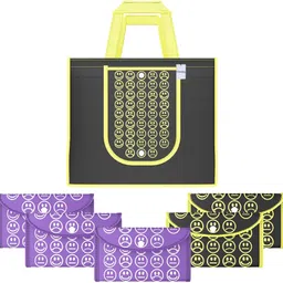 homestic Pack of 6 Smile Foldable Grocery/Shopping Bags For Women | Black Yellow & Purple Pack of 6 Grocery Bags image 1