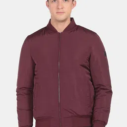 Arrow Sport Men Burgundy Solid Bomber Jacket-image-3