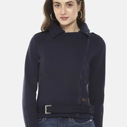 Campus Sutra Women Navy Blue Windcheater Crop Tailored Jacket-picture-40