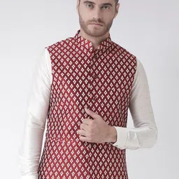 DEYANN Men Red & White Printed Woven Nehru Jacket-picture-34