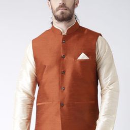 DEYANN Men Rust Orange Woven Design Dupion Silk Nehru Jacket-picture-6