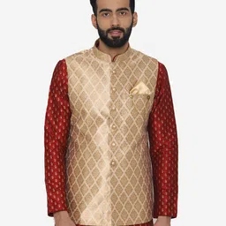Manyavar Men's Beige Regular Fit Woven Design Nehru Jacket-picture-12