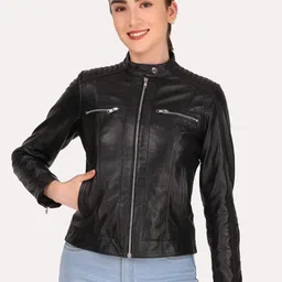 Leather Retail Women Leather Crop Outdoor Biker Jacket-picture-4