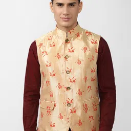 Peter England Elite Men Beige Printed Nehru Jacket-picture-18