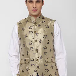 Peter England Elite Men Khaki Woven Design Nehru Jacket-picture-30