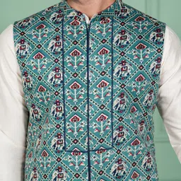 KISAH Men Printed Mandarin Collar Woven Nehru Jacket image 2