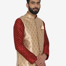 Manyavar Men's Beige Regular Fit Woven Design Nehru Jacket image 4