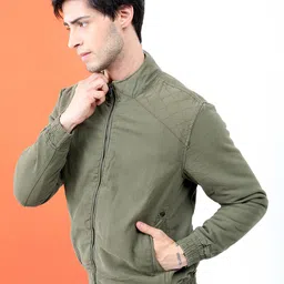 HIGHLANDER Men Olive Green Solid Bomber Jacket image 2