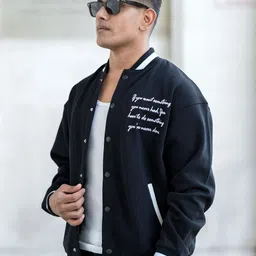 Powerlook Men Stand Collar Typography Printed Cotton Casual Bomber Jacket image 4