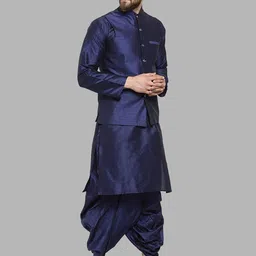 ROYAL KURTA Men Navy Blue Kurta with Dhoti Pants And Nehru Jacket image 5