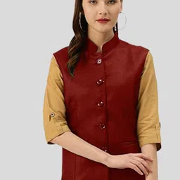 Vastraa Fusion Women Red Solid Nehru Jackets image 1