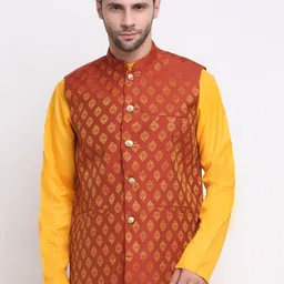NEUDIS Men Maroon & Gold-Toned Woven Design Jacquard Dupion Silk Nehru Jacket-picture-29