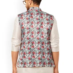 Armaan Ethnic Mandarin Collar Floral Printed Satin Nehru Jacket image 2