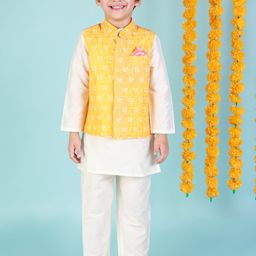 LIL DRAMA Boys Mandarin Collar Kurta With Pyjamas & Nehru Jacket-picture-20