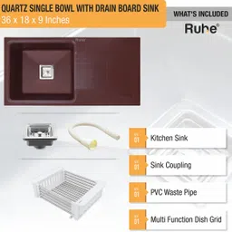 ruhe Choco Brown Quartz Single Bowl Kitchen Sink with Drain Board (36 x18 x9 Inch) Natural Choco Brown Granite Matt Finish Vessel Single Bowl With Drain Board Sink Vessel Sink image 5