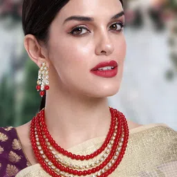 Peora Traditional Gold-Plated Kundan Pearl Multi Layer Necklace & Earrings Jewellery Set image 2