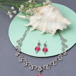 ZENEME Silver-Plated Cubic Zirconia-Studded Teardrop Shaped Necklace Jewellery Set-picture-47