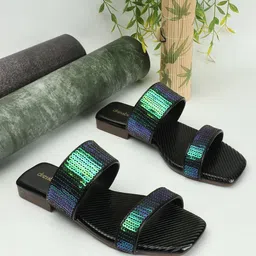 DressBerry Black Embellished Open Toe Flats image 1