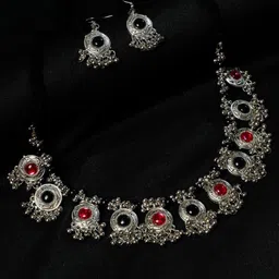 Oxidized Heaven Sterling Silver-Plated Stone Studded & Beaded Necklace and Earrings image 1
