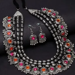 Oxidized Heaven Sterling Silver Plated Stone Studded Jewellery Set image 1